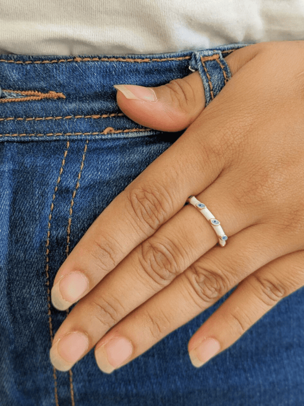 Slim White Nazar Ring