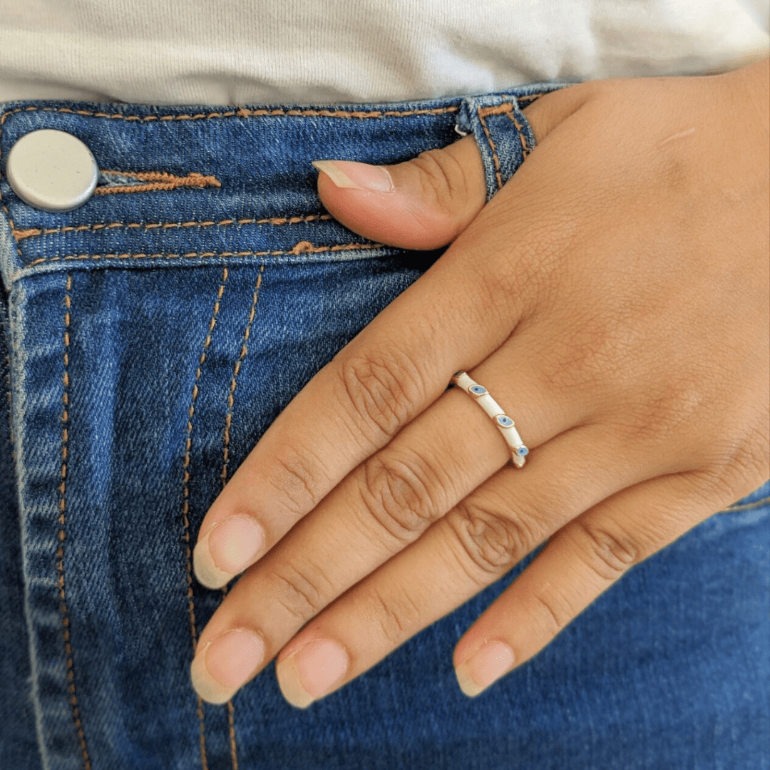 Slim White Nazar Ring